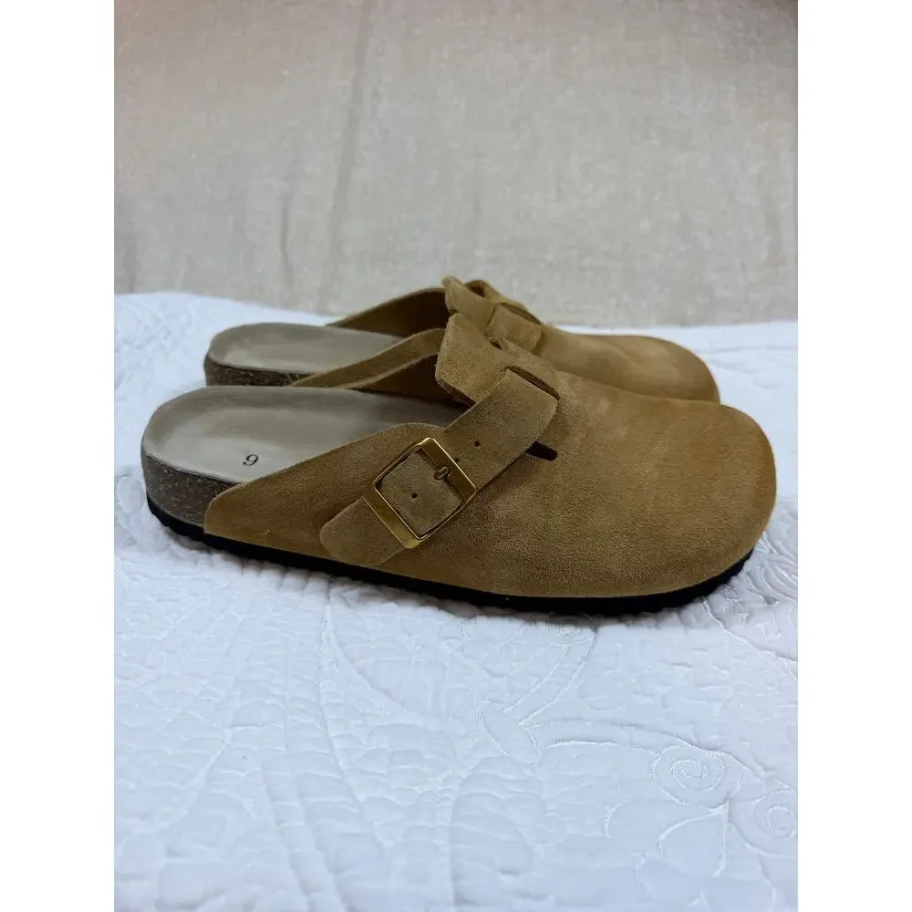 Quince Women 9 Tan Suede Slip On Clog Adjustable Strap Casual Comfort Mule Shoes